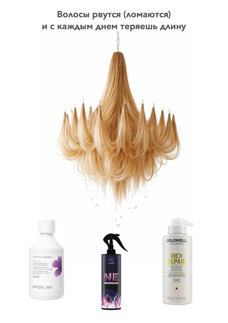 Иллюстрация ломкости волос: подвешенные пряди волос как люстра, под изображением рекомендованные спреи и восстановительные продукты для ломких волос.