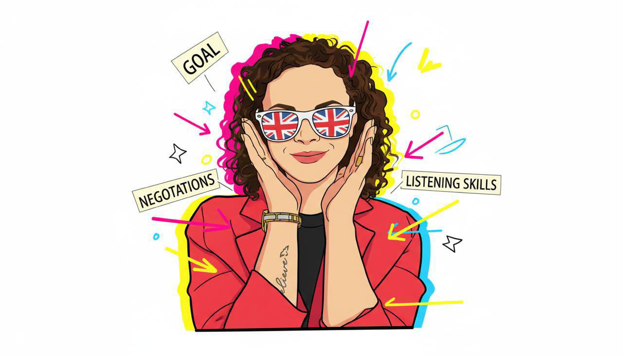 Иллюстрация: улыбающаяся женщина в солнцезащитных очках с британским флагом; вокруг цветные стрелки и подписи «goal», «negotiations», «listening skills».