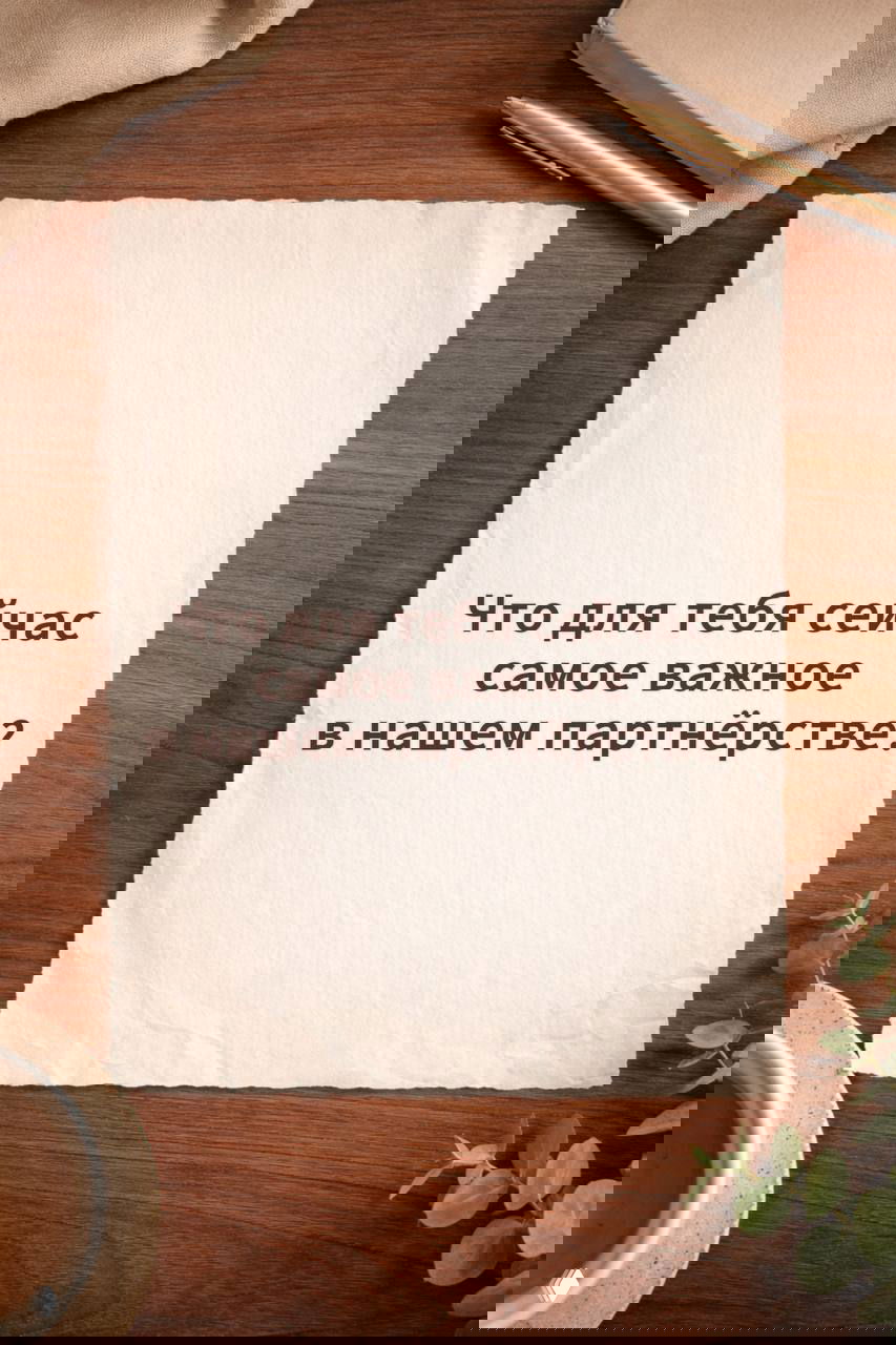 Лист бумаги на столе с вопросом «Что для тебя сейчас самое важное в нашем партнёрстве?», теплые коричневые тона, чашка кофе внизу.