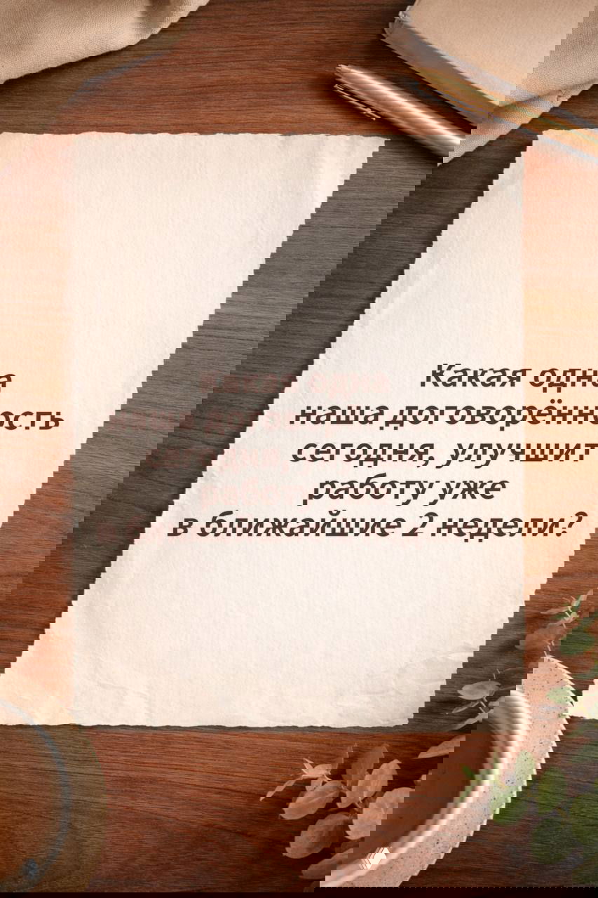 Лист бумаги с текстом «Какая одна наша договорённость сегодня улучшит работу уже в ближайшие 2 недели?», видна канцелярия и растительный акцент.