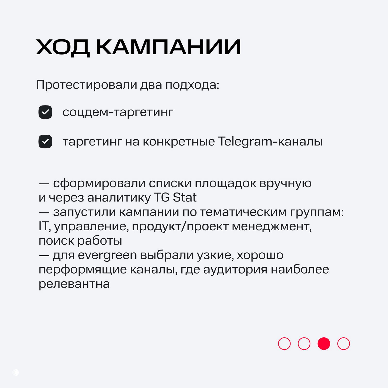 Слайд 'Ход кампании' с перечислением подходов: соцдем-таргетинг и таргетинг на конкретные Telegram-каналы, список площадок и тематические группы.
