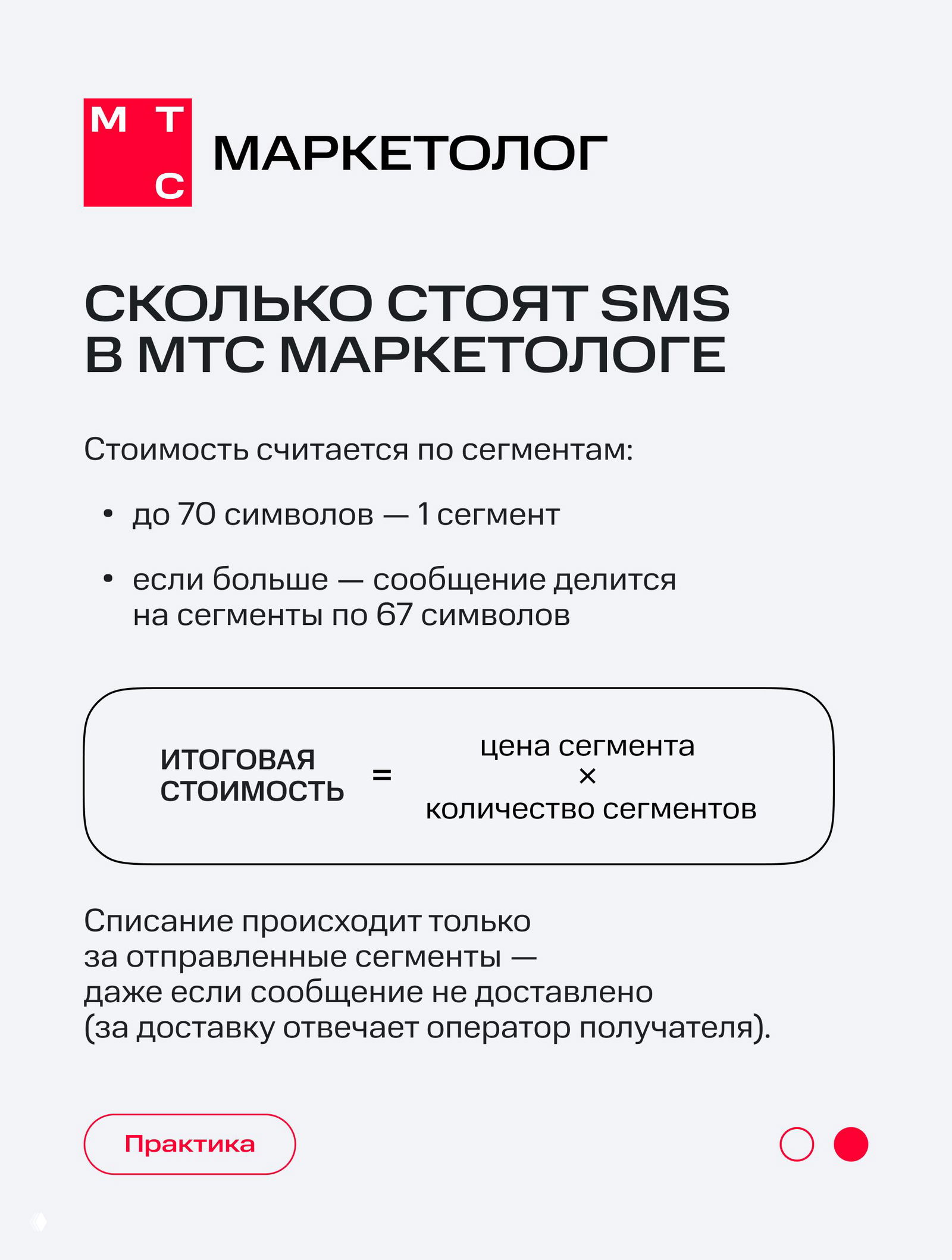 Слайд с заголовком «Сколько стоят SMS»: объяснение расчёта сегментов (до 70 символов — 1 сегмент; далее по 67) и формула стоимости.