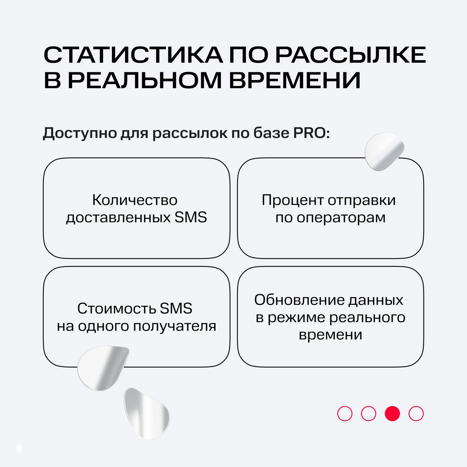 Слайд «Статистика по рассылке в реальном времени»: инфографика с четырьмя блоками, перечисляющая метрики рассылок для базы PRO и обновление данных в реальном времени.