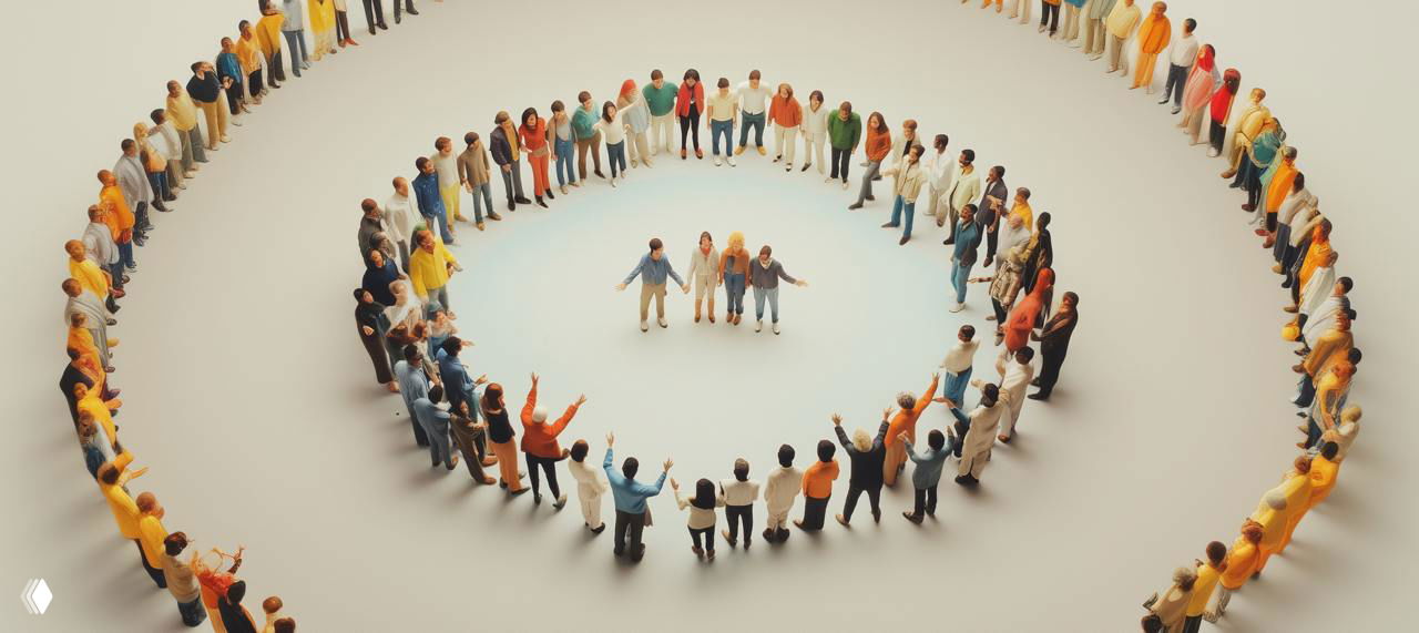 Illustration of diverse people in concentric circles around a central group, symbolizing communities, cooperation and belief.
