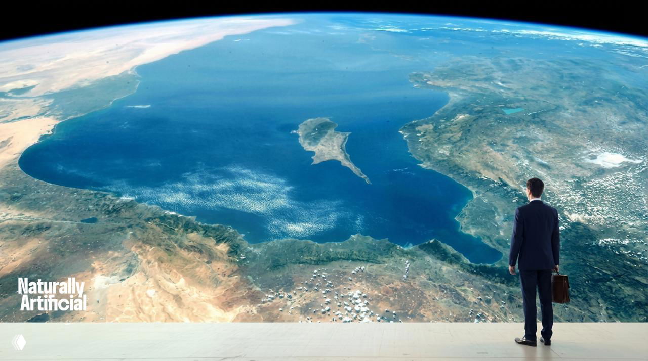 Man in suit standing indoors, looking at a giant Earth view focused on the eastern Mediterranean — evokes Cyprus, mobility.