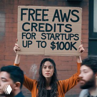 Young woman holding a cardboard sign that reads "FREE AWS CREDITS FOR STARTUPS UP TO $100K" against a brick wall, with blurred passersby nearby.