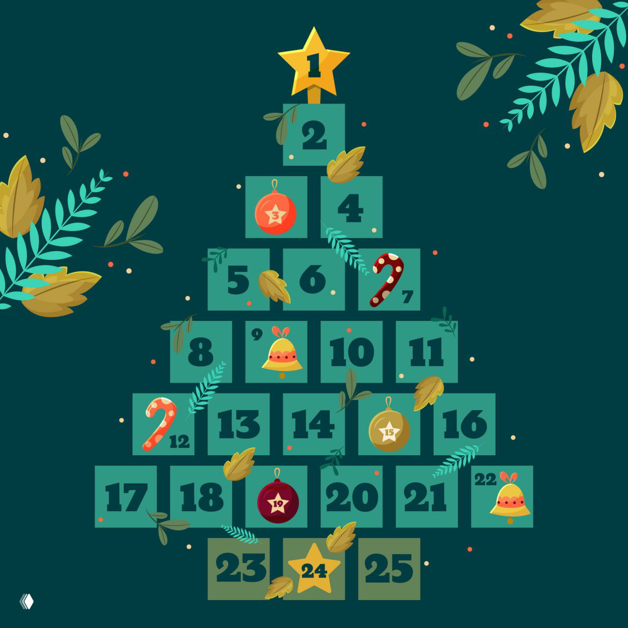 Адвент‑календрар в форме ёлки: пронумерованные зеленые коробочки, декоративные листья и рождественские элементы на тёмно‑зеленом фоне.