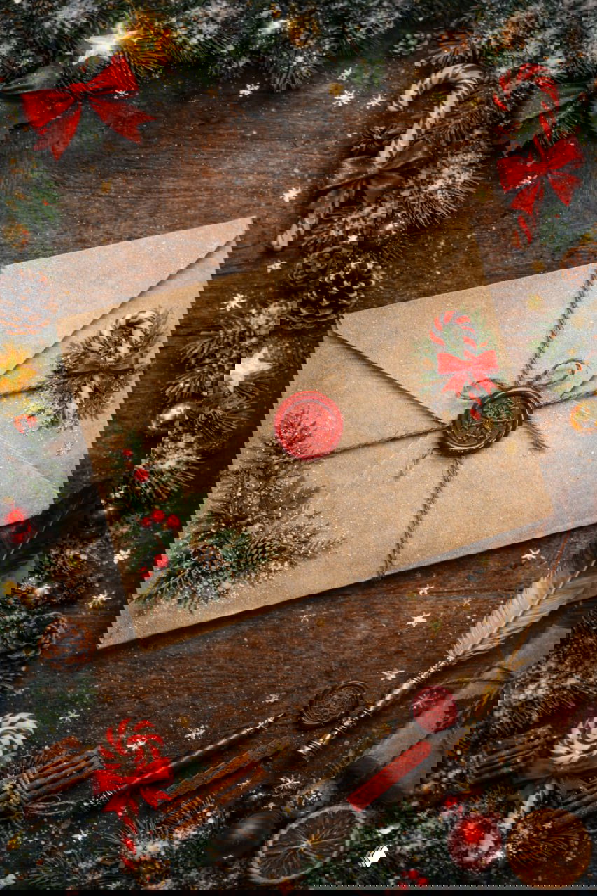 Праздничный конверт с сургучной печатью на деревянном столе, вокруг еловые ветки, леденцы, палочки корицы и рождественские украшения