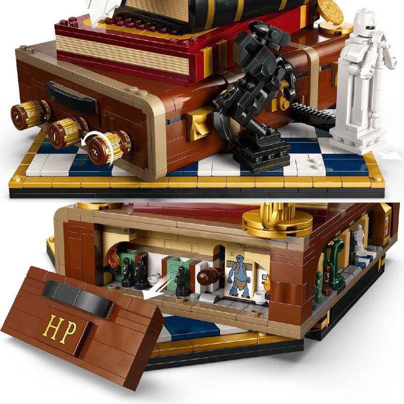 Детализированный кадр основания набора: миниатюры интерьеров, декоративные рельефы, элементы шахматной доски и поезд, показывающие мелкую проработку набора.