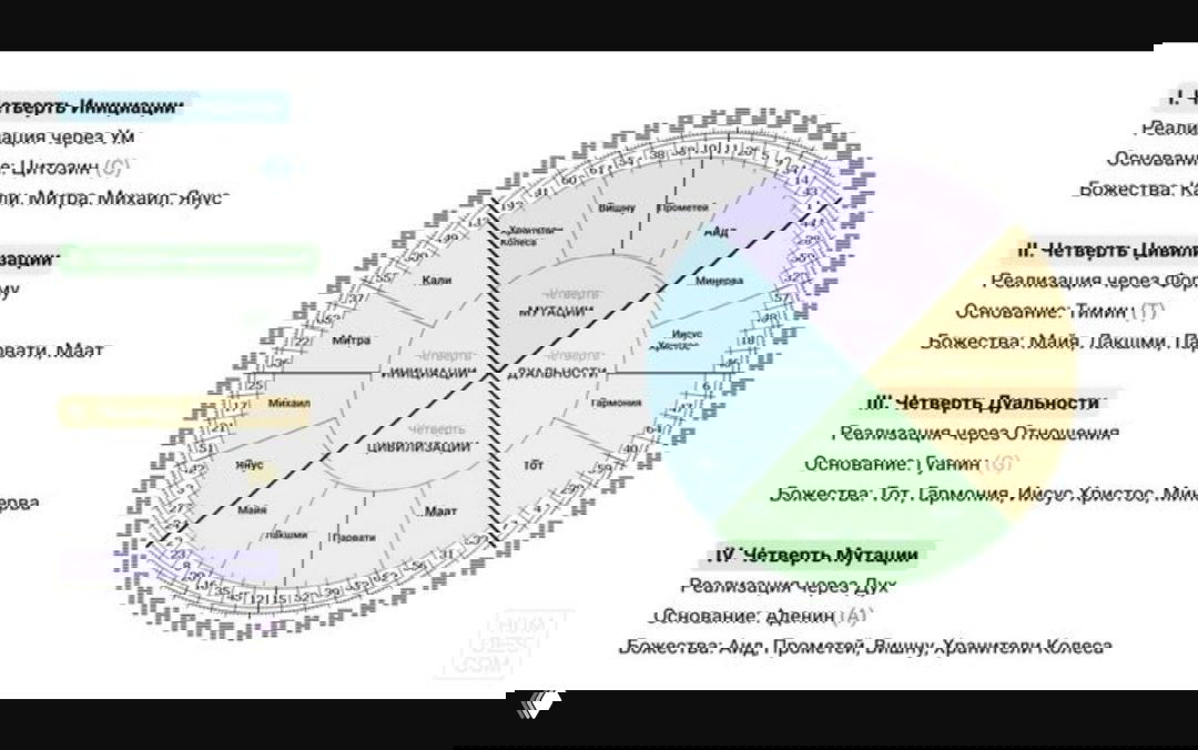Мандала — круг, разделённый на 64 сектора; диаграмма ворот Дизайна человека с обозначением четырёх четвертей и подписанными секторами, поясняющая распределение программ.