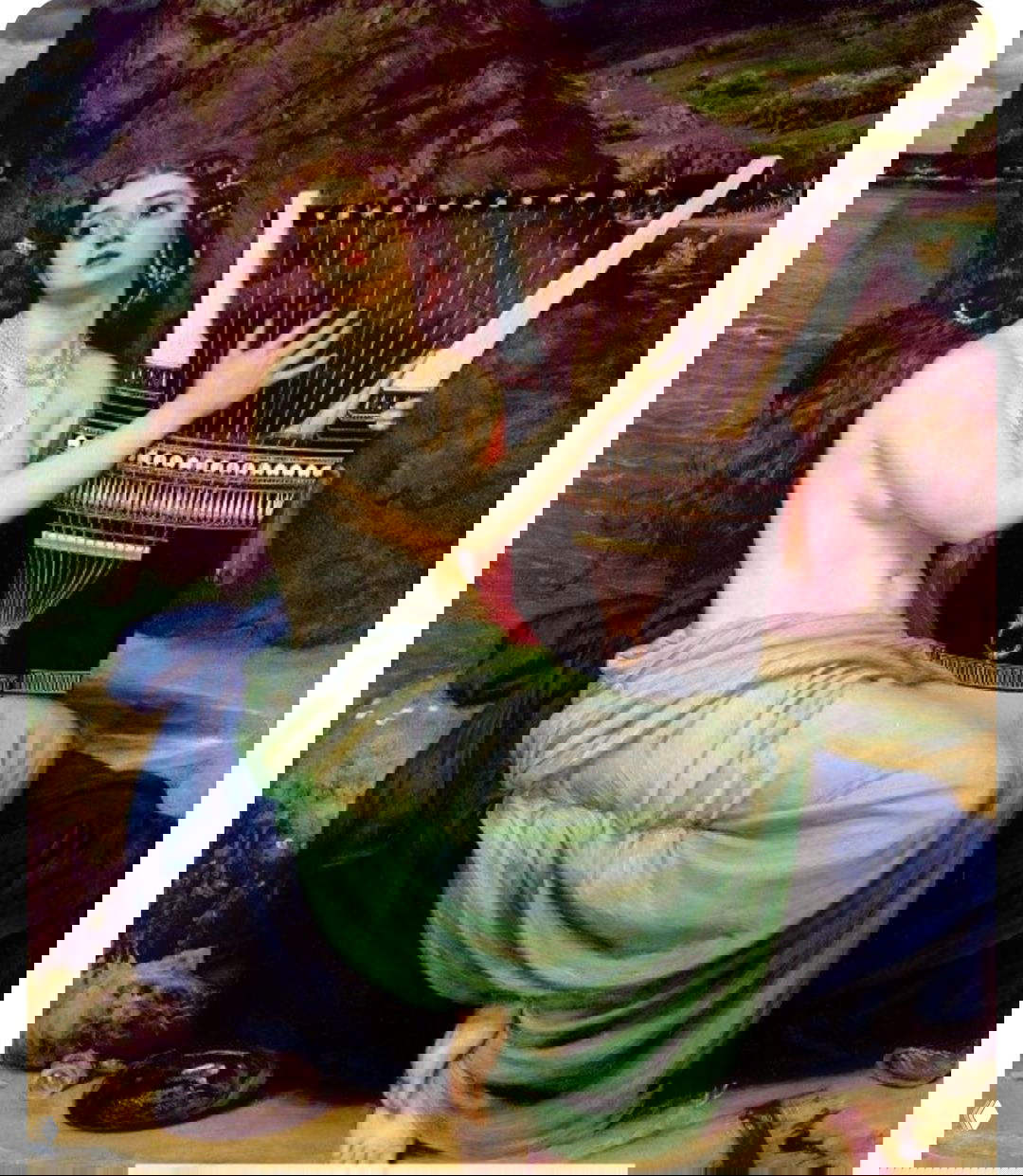 Репродукция картины Эдварда Дж. Пойнтера: полуобнажённая сирена с лирой на берегу, волны и скалы на фоне.