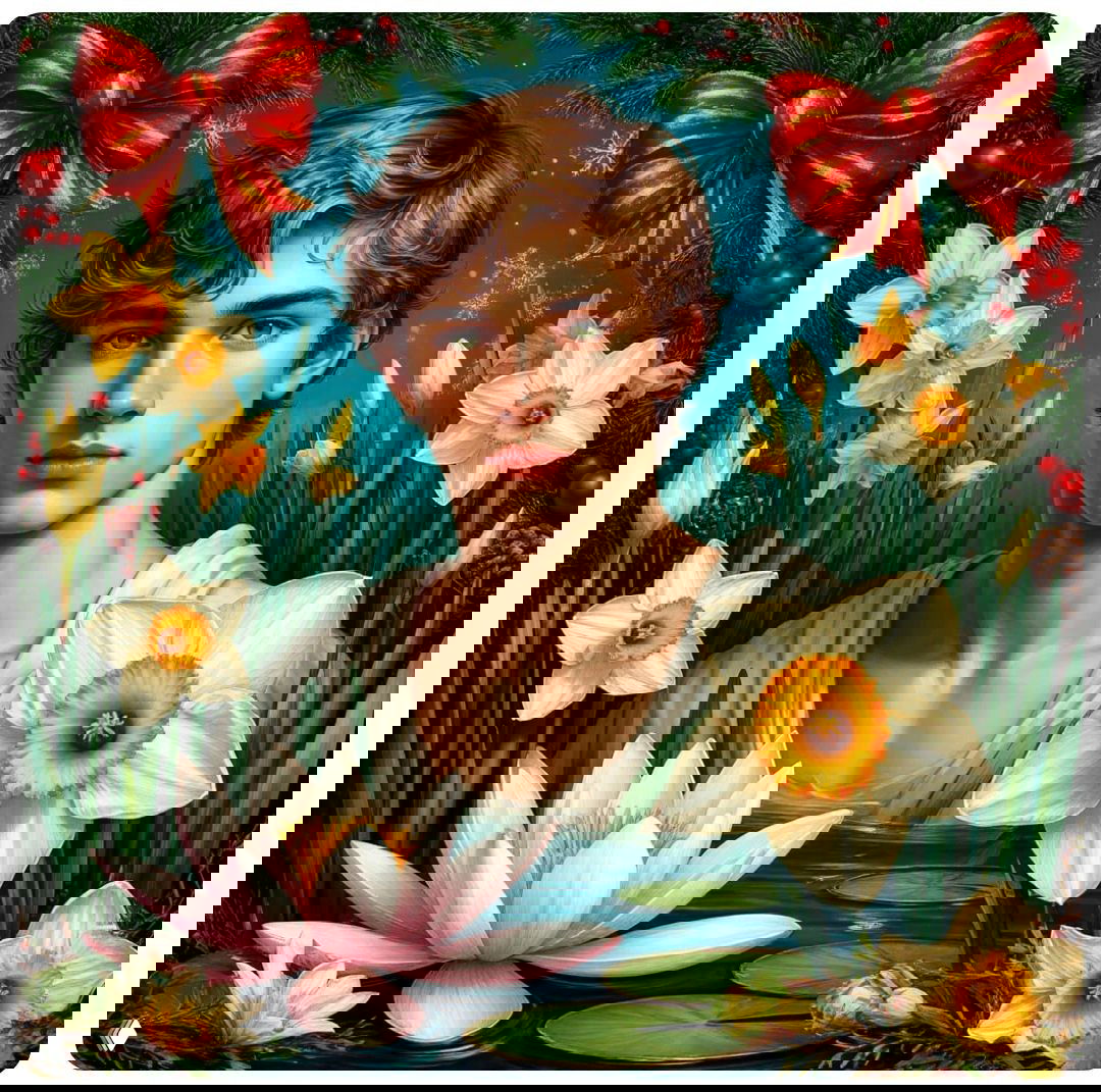 Художественный портрет молодого Нарцисса у водоёма среди цветущих нарциссов и кувшинок, в праздничной новогодней рамке с лентами.