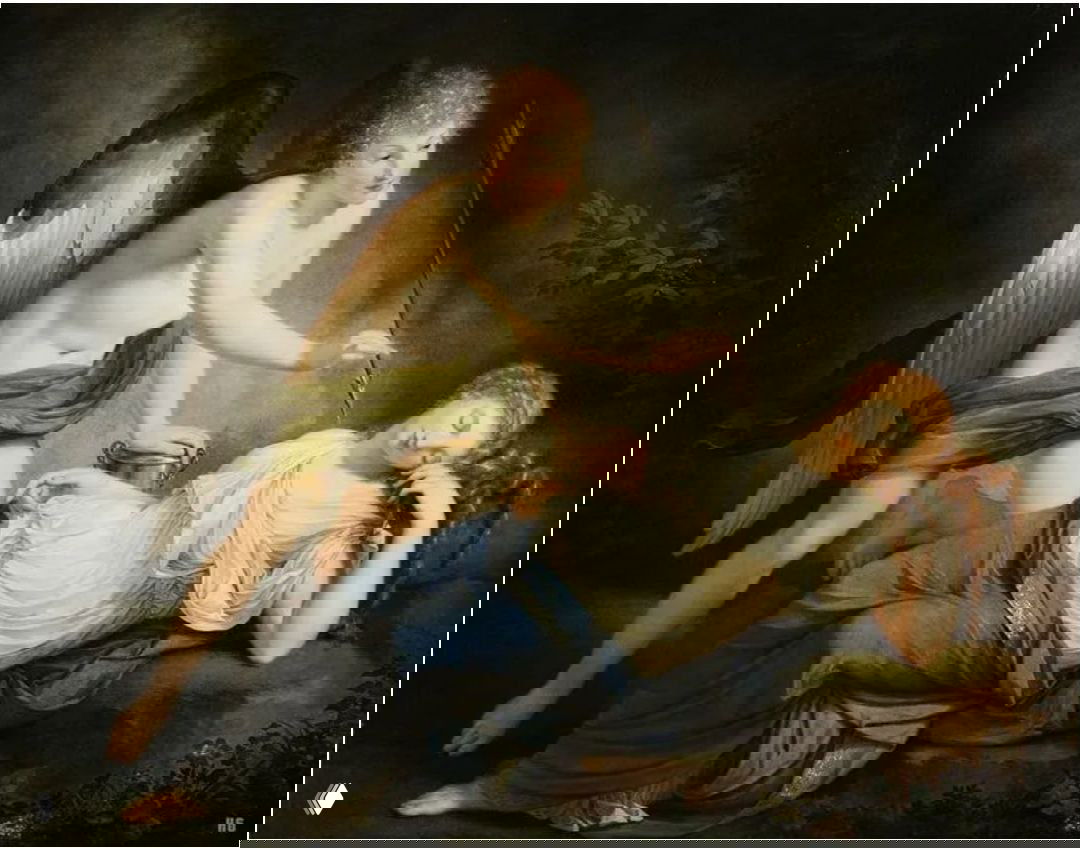 Картина: крылатый Амур (Эрот) наклоняется к спящей Психее, одна рука с стрелой, драпировки и мягкий пейзаж в барочном стиле.