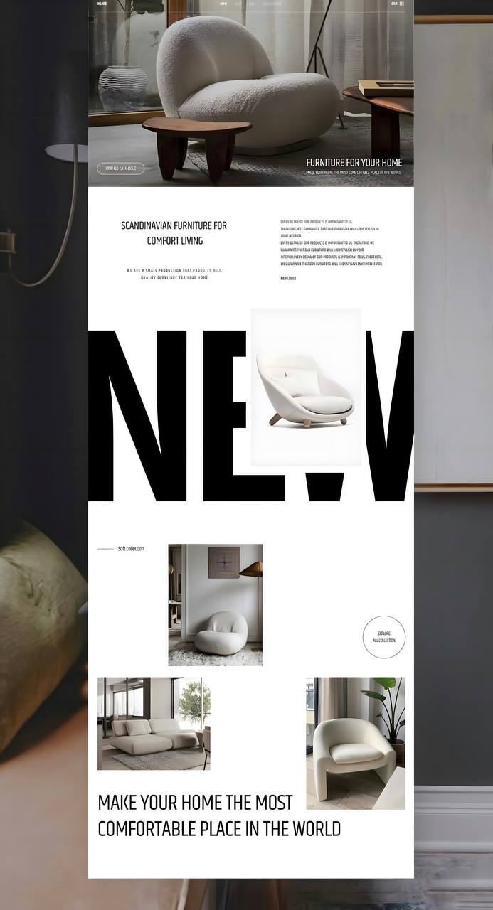 Минималистичная веб-страница и мебель в светлых тонах — примеры применения почти белого оттенка в интерьерном и веб-дизайне.