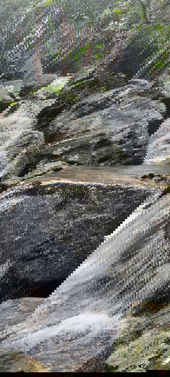 Каскадный водопад и скальные потоки в тумане в парке Байхуань на Хайнане — мокрые камни, влажная растительность и атмосферный лес.