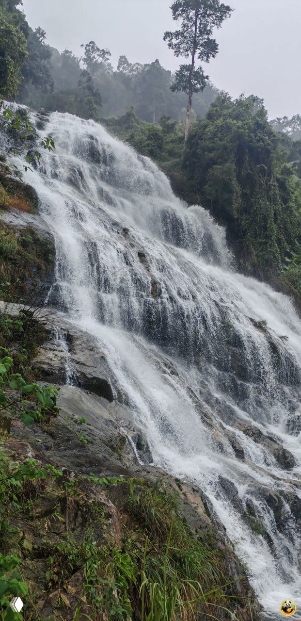 Широкий крутой водопад в тропическом лесу парка Байхуань — мощный поток воды на фоне деревьев и влажного климата Хайнаня.