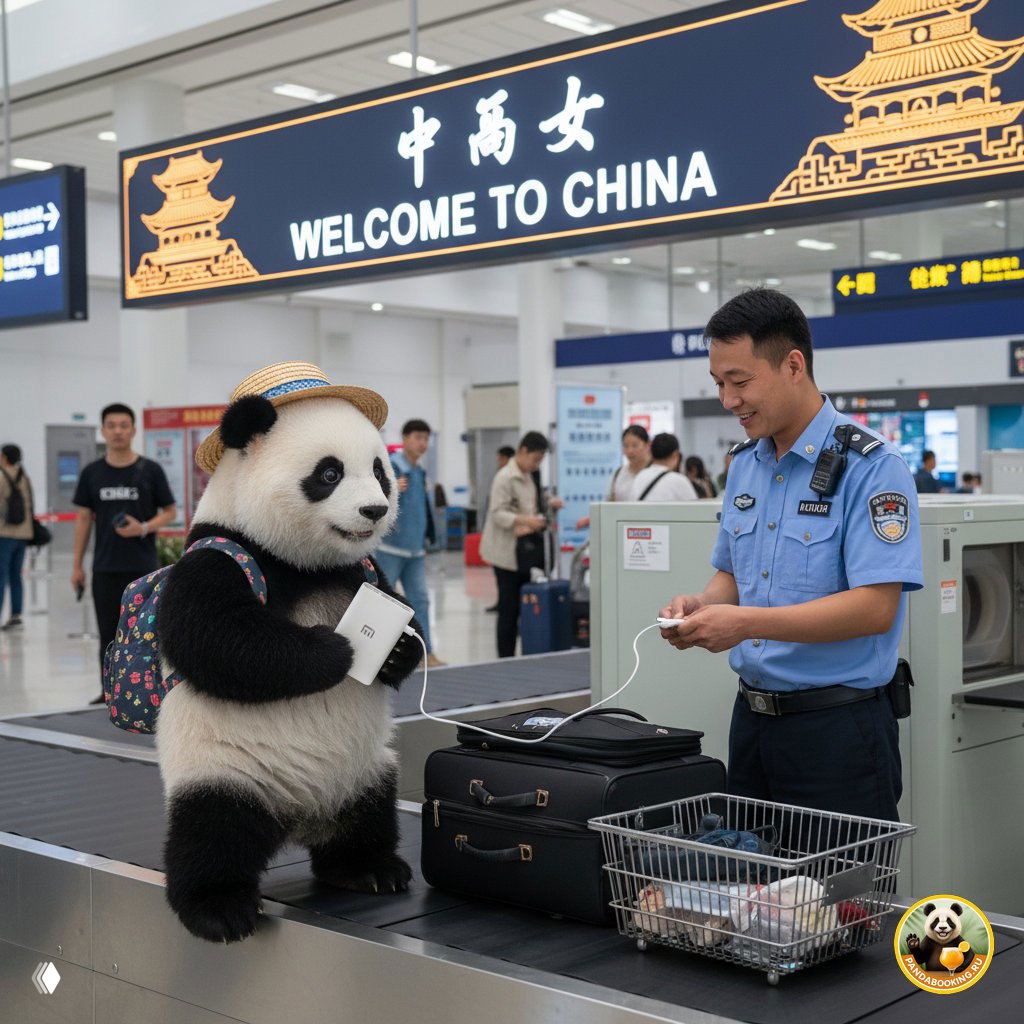 Маскот-панда в аэропорту на контроле безопасности держит пауэрбанк, рядом сотрудник досмотра и багаж на ленте.