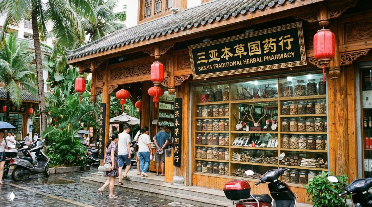 Вывеска и витрина традиционной аптеки в Санье: деревянный фасад, банки с травами на полках и проходящие туристы.