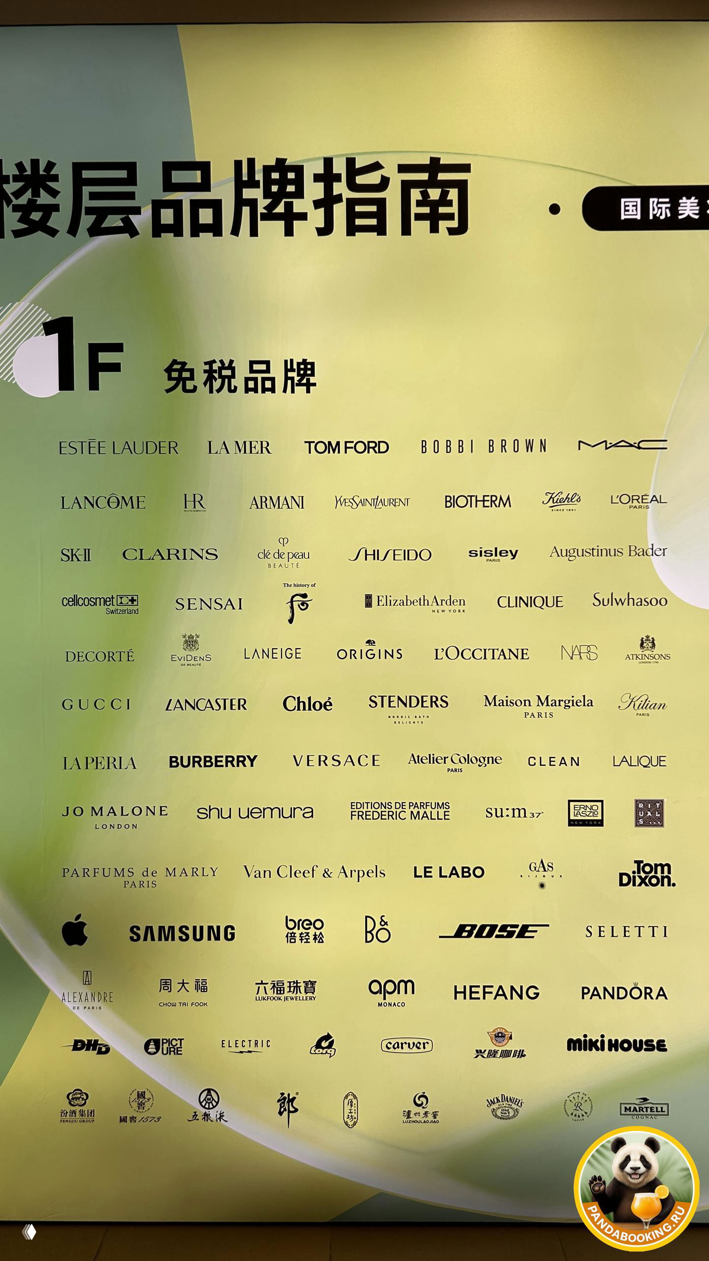 Информационная стена с указанием этажей и перечнем косметических и парфюмерных брендов на 1F в зоне Duty Free, крупные логотипы Gucci, Tom Ford и др.