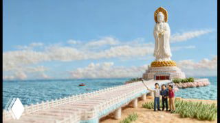 Фото 108-метровой статуи Гуаньинь в Наньшань (Санья): статуя на морском фоне, длинная белая набережная и группа посетителей.