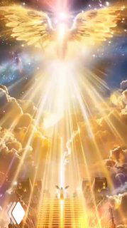 Ангельская фигура в золотом сиянии над облачной лестницей, лучи света и небо — символ высшей триады и духовного подъёма.