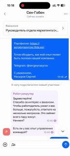 Превью видео — скриншот чата в мессенджере: бот‑квалификатор задаёт вопросы, затем приходит автоматический ответ нейросети; пример работы кибер‑рекрутера.