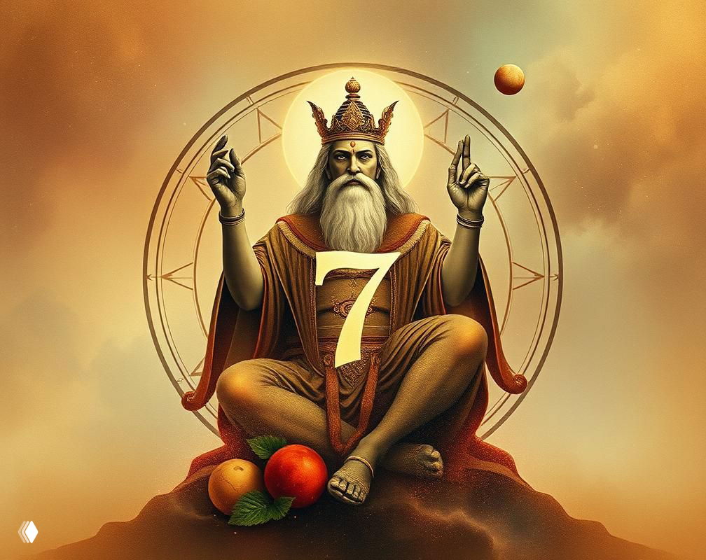 Иллюстрация архетипа «Император»: величественный седовласый мужчина в короне на тёплом золотом фоне, крупная цифра 7 и фрукты у подножия