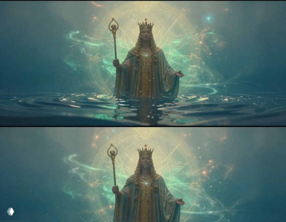 Мистическая иллюстрация: коронованная фигура с скипетром стоит в воде на фоне светящихся магических кругов и эфемерных энергетических волн, атмосферно.