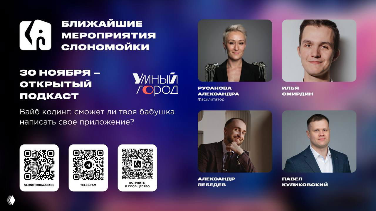 Баннер-анонс: портреты четырёх спикеров, логотип мероприятия, три QR-кода и подписи «ВДНХ»/«Умный Город» на фоне.