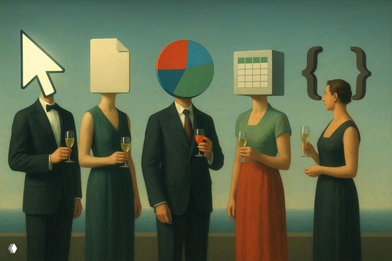 Иллюстрация: люди в вечерней одежде с символами вместо голов (курсор, файл, диаграмма, календарь) — метафора потери личности.