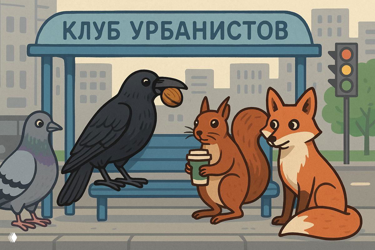 Иллюстрация городской сцены: ворона с орехом, белка с чашкой, лиса и голубь у остановки с надписью «Клуб урбанистов», город на фоне.