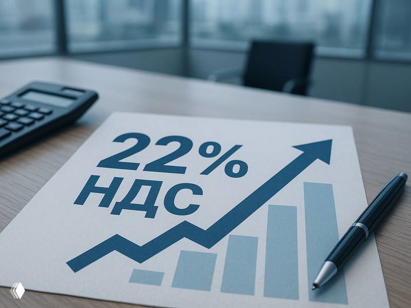 Рабочий стол с листом, на котором написано «22% НДС», диаграмма роста, ручка и калькулятор — наглядная иллюстрация повышения налоговой ставки.