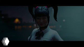 Кадр из кат‑сцены Fortnite: женский персонаж в белом костюме с хвостиками в тёмной ночной сцене на фоне размытой подсветки.