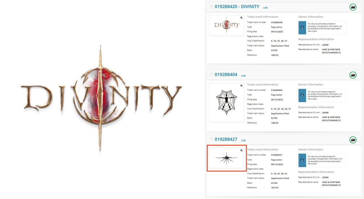 Логотип Divinity и скриншоты трёх зарегистрированных в ЕС товарных знаков; один знак явно копирует изображение статуи из пустыни.