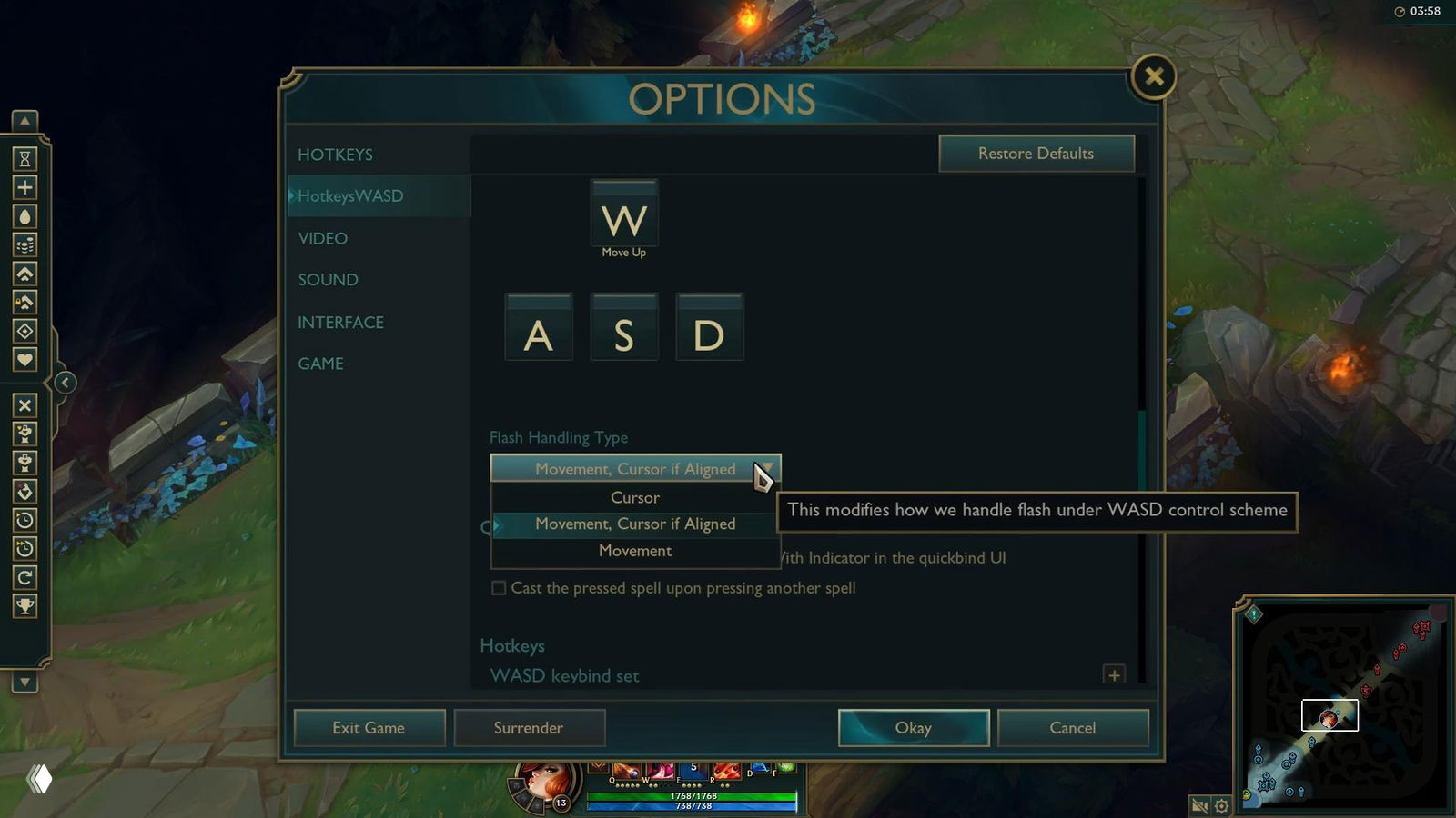 Скриншот меню опций League of Legends: окно настроек горячих клавиш с визуализацией кнопок W, A, S, D и опциями схемы управления WASD.