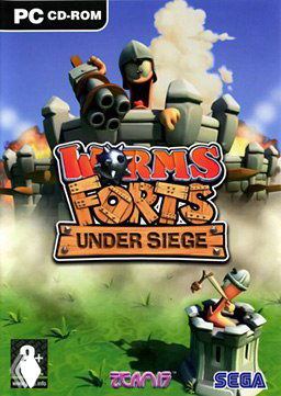 Коробочное изображение Worms Forts: Under Siege — мультяшные червяки и оборонительная крепость на ярком фоне, артовая обложка релиза 2004 года.