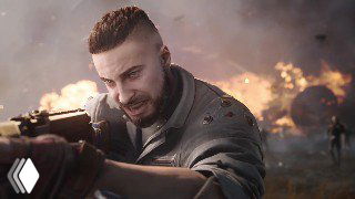 Кадр из трейлера Atomic Heart: солдат с винтовкой в руках на переднем плане, пылающие взрывы и руины на заднем фоне.