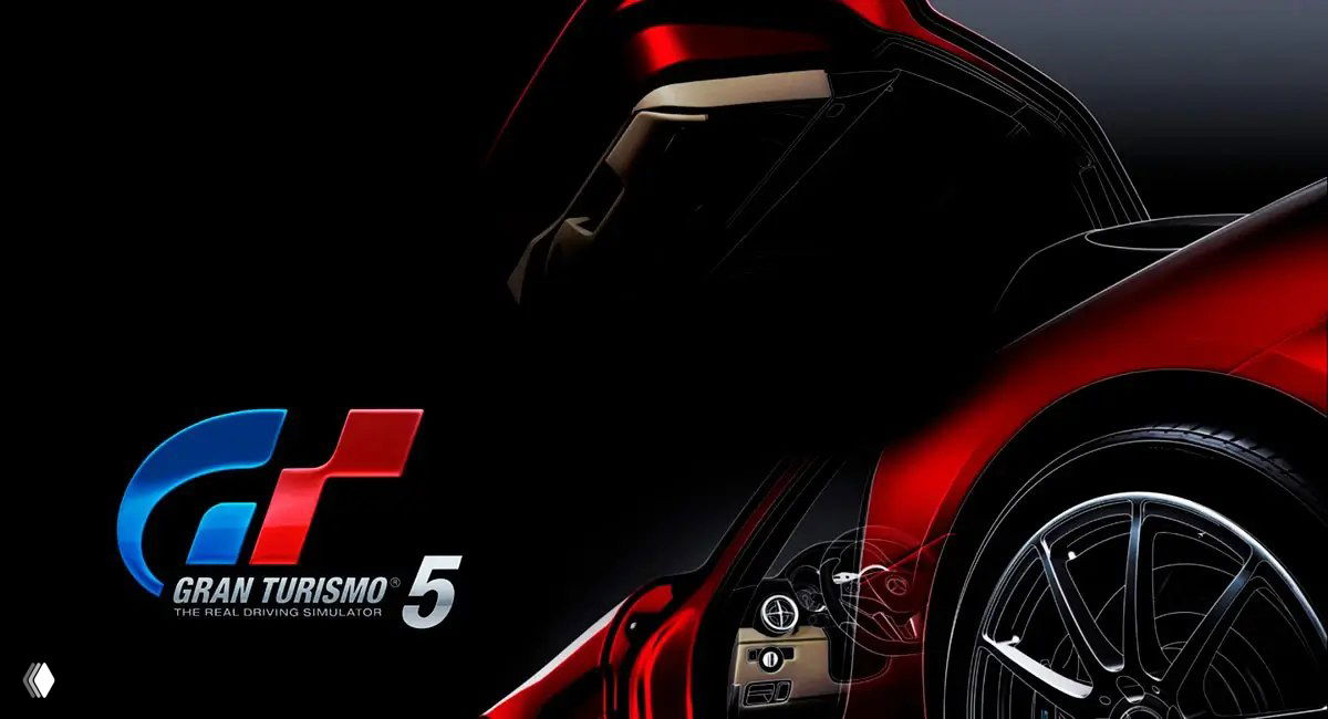 Обложка Gran Turismo 5: стилизованный спортивный автомобиль на тёмном фоне с логотипом серии и номером 5, изображение в ретроспективе релизов.