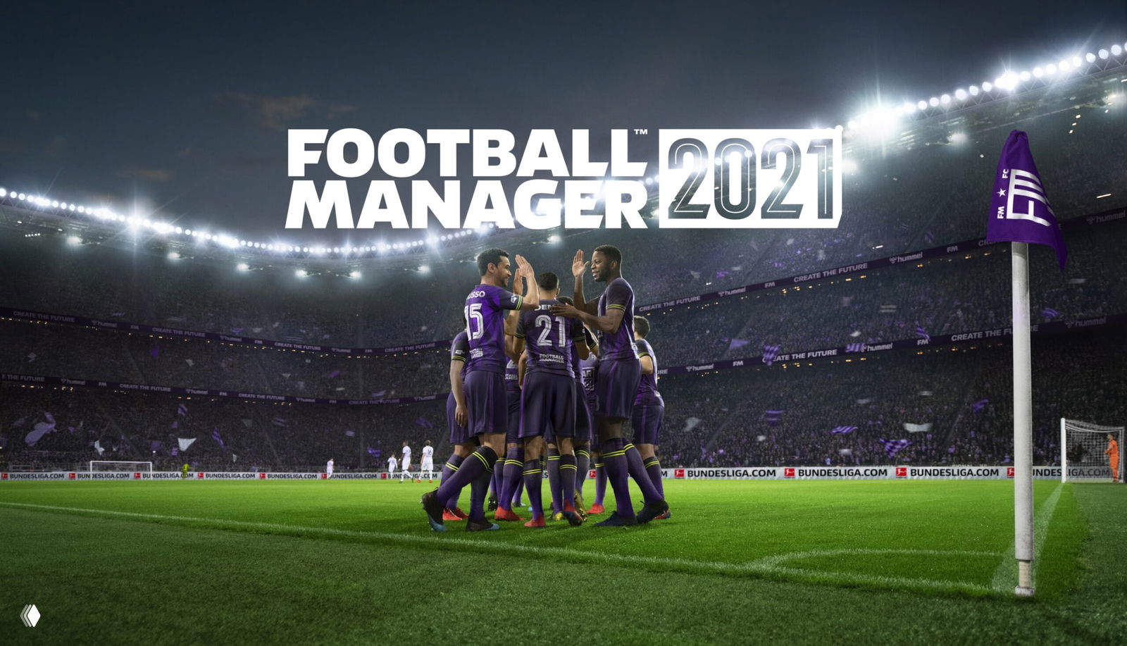 Обложка Football Manager 2021: команда игроков в фиолетовой форме на поле большого стадиона под ярким освещением, иллюстрация релиза 24 ноября.