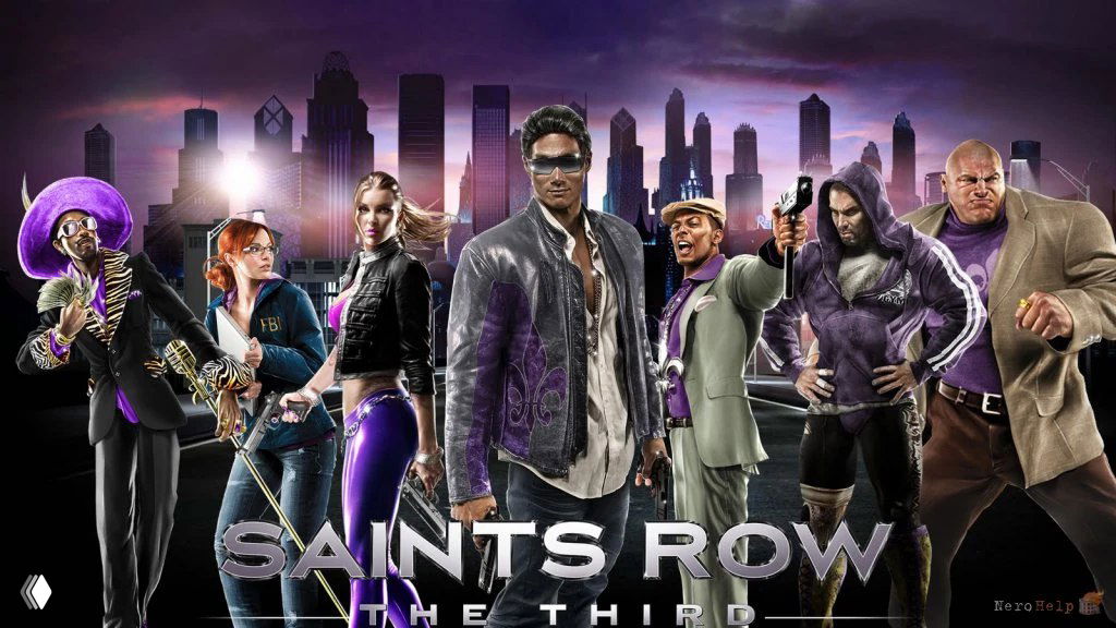 Обложка Saints Row: The Third с главным составом персонажей в ярких фиолетовых костюмах на фоне городского силуэта; стилизованный арт приключенческого экшена.