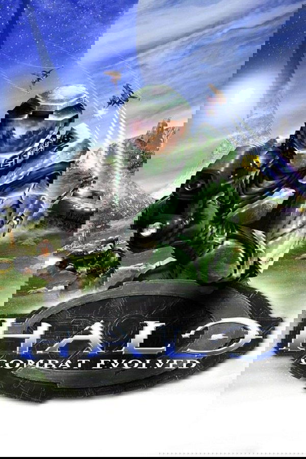 Артовая обложка Halo: Combat Evolved с главным персонажем в зелёных доспехах и шлеме, ведущим огонь на фоне инопланетного ландшафта и техники.