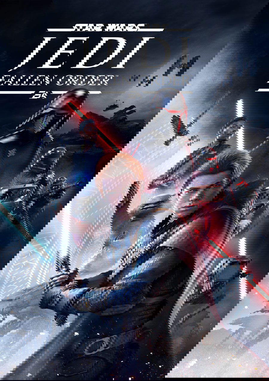 Официальный постер Star Wars Jedi: Fallen Order с Калом Кестисом на переднем плане, штурмовиками и космическими кораблями на фоне эпического арт‑баннера.