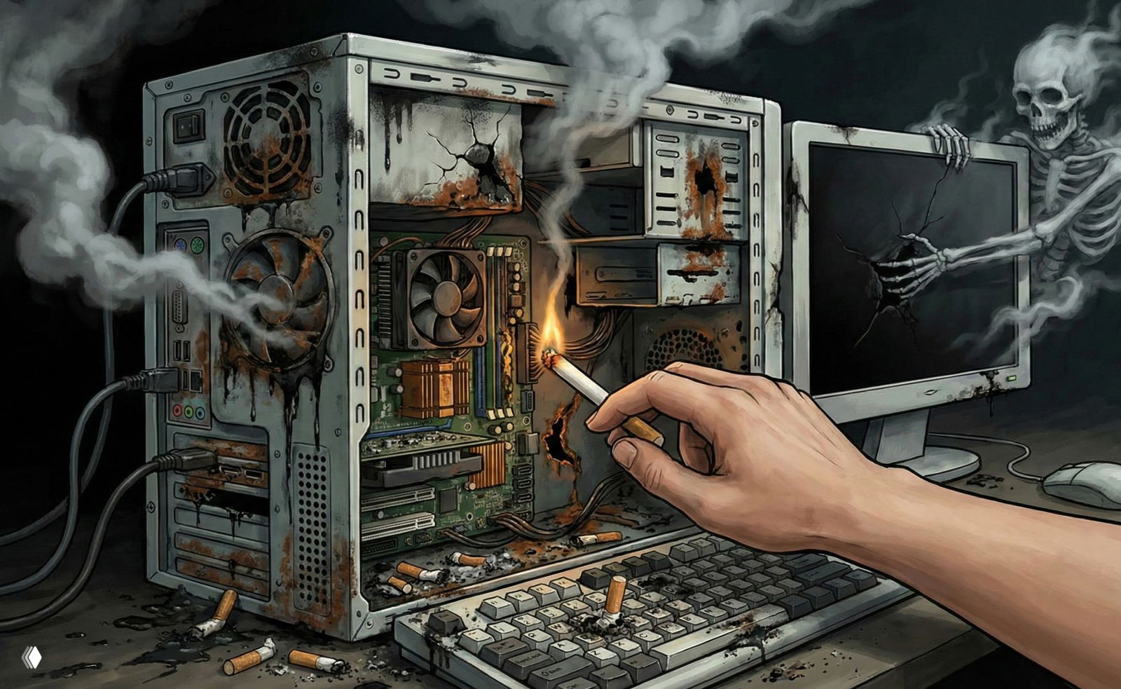 Иллюстрация: открытый корпус настольного ПК с налётом смолы и сажи на комплектующих, рука с сигаретой и рассыпанные окурки вокруг