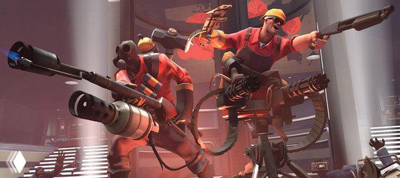 Иллюстрация Team Fortress 2: персонажи (инженер и боец) рядом с турелью в фирменном художественном стиле игры, изображение к новости о переносе на Source 2.