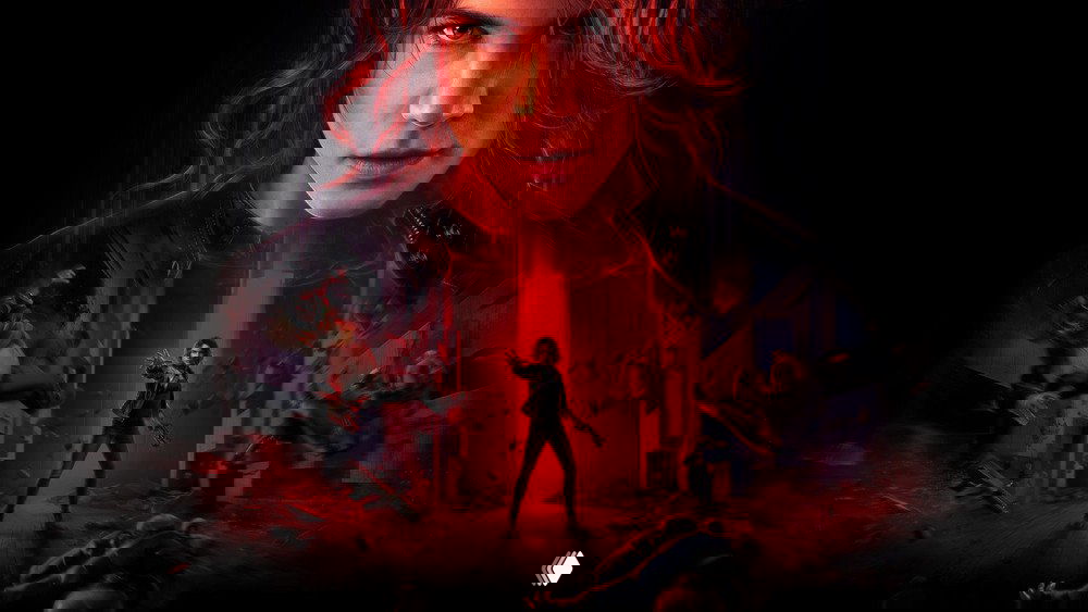 Промо-арт игры Control: Джесси Фейден в центре композиции, красная палитра, разрушающаяся сцена и враги по краям кадра