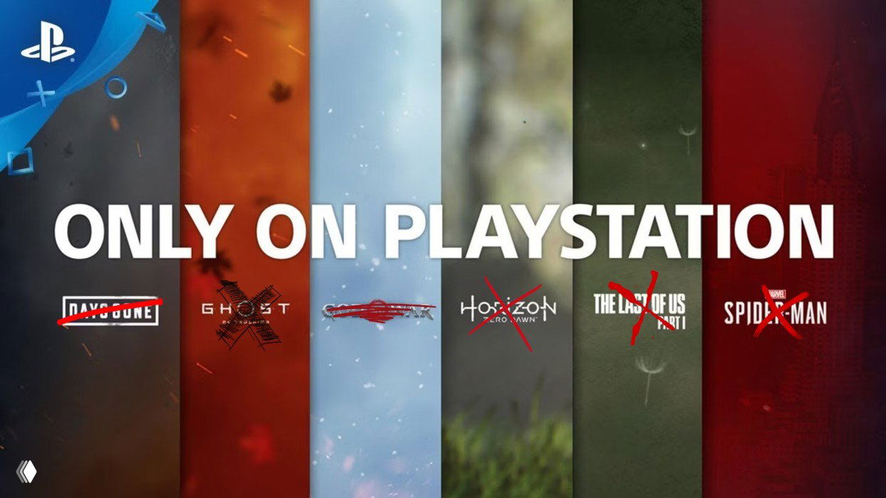 Баннер с надписью «Only on PlayStation» и вертикальными цветными полосами с логотипами игр, некоторые логотипы перечёркнуты красным — иллюстрация темы эксклюзивов и портов на ПК.