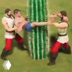 Мемный кадр из игрового ролика: трое мужчин в стилизованной одежде удерживают высокий кактус, один получает удар ногой.