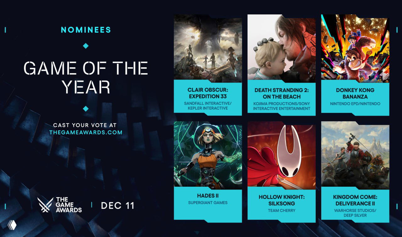 Промо-изображение номинантов Game Awards 2025: сетка постеров Death Stranding 2, Donkey Kong Bananza, Hades 2 и другие.