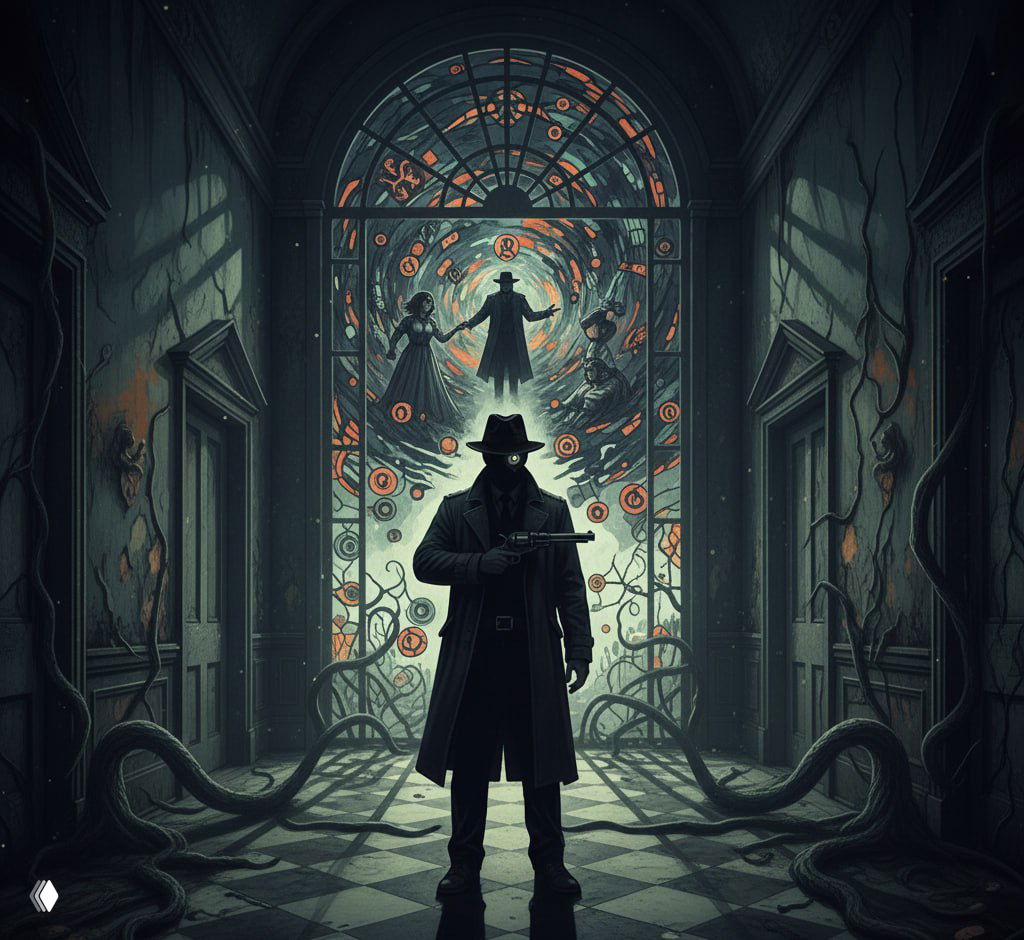 Силуэт детектива с пистолетом на фоне витражного портала воспоминаний, окружённый щупальцами и лавкрафтианской атмосферой.