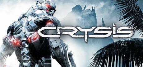 Промо-арт Crysis — солдат в нанокостюме на фоне пальм и гор, футуристический дизайн боевой экипировки и крупный логотип.